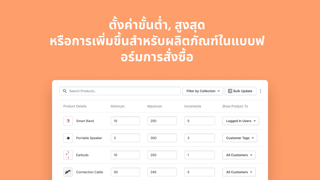 Set min/max, or increments for products in the order form. 