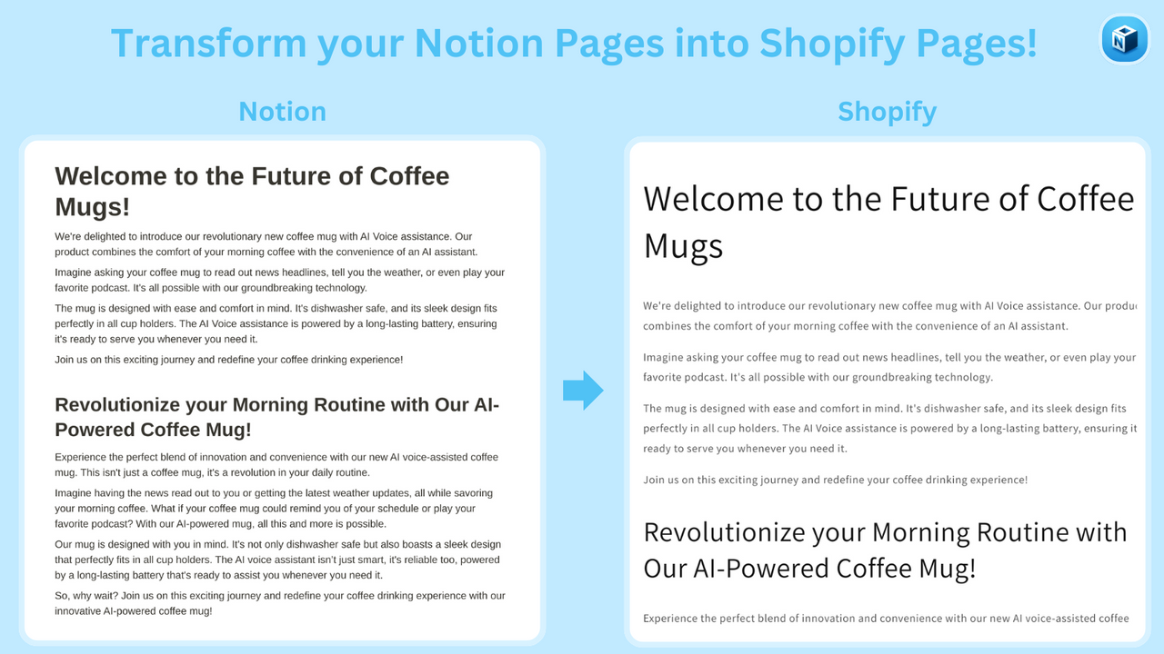 Transform Notion Pages into Pages on your shop