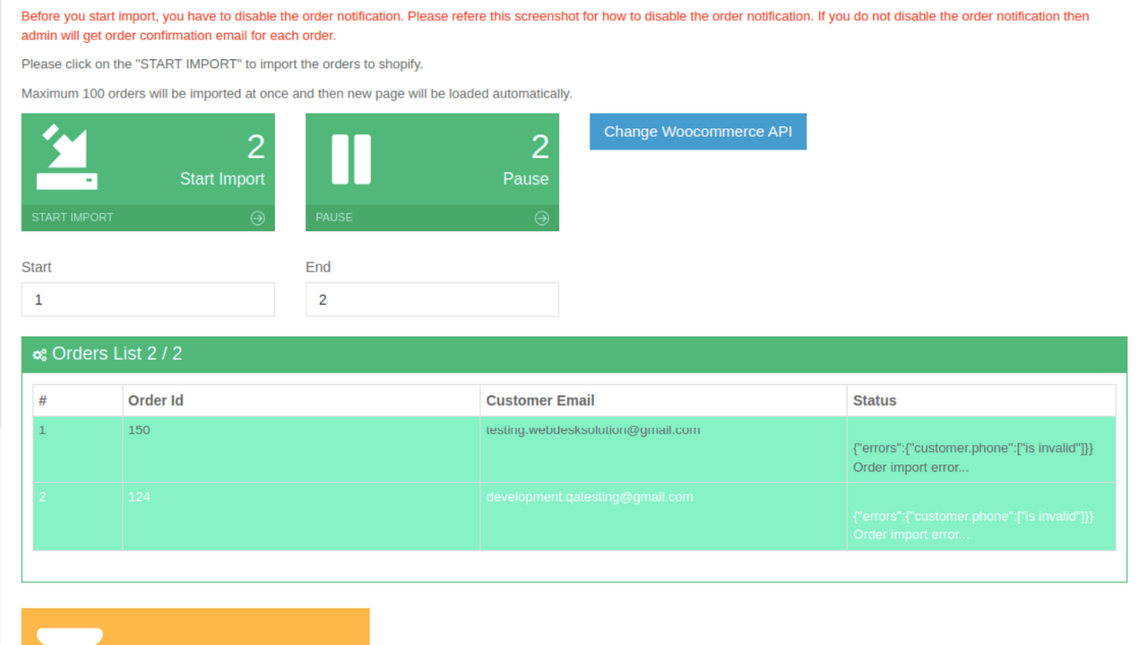 Importation réussie des commandes