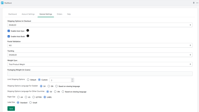 Shopify Postnord App Allgemeine Einstellungen