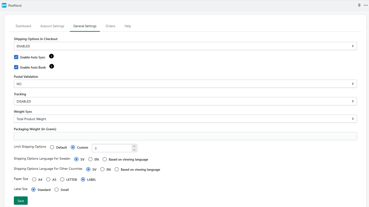 Shopify Postnord App Allgemeine Einstellungen