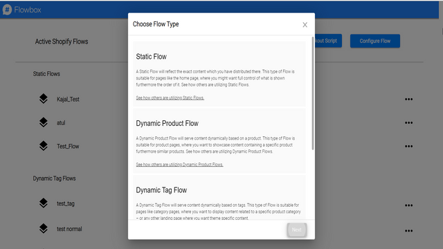 Vælg Flow type guidevisning