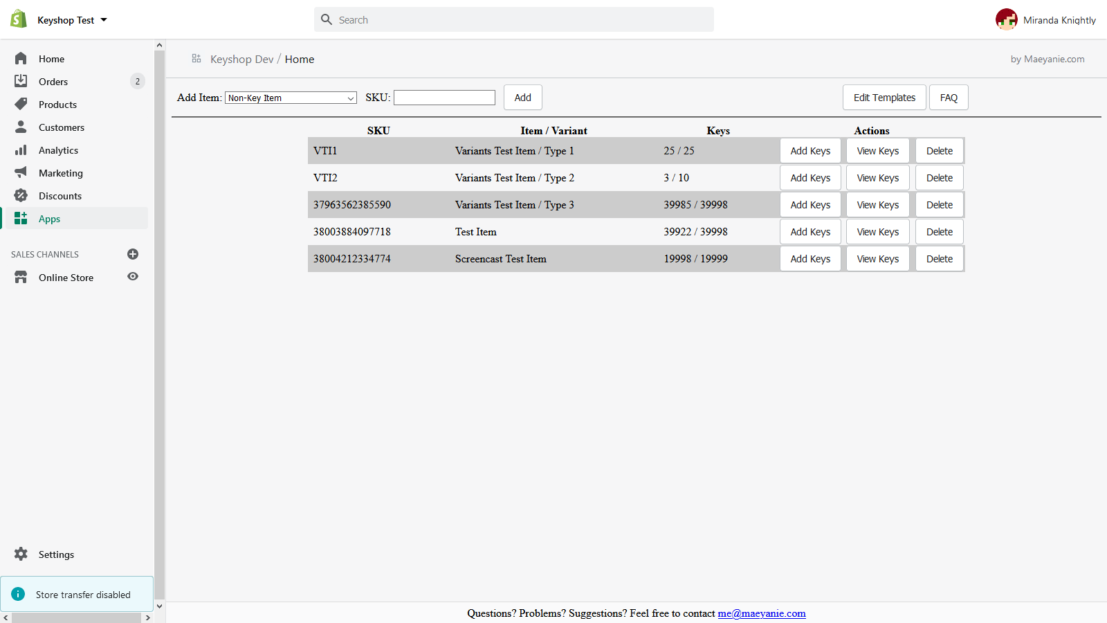 列出了带有密钥供应的商品。