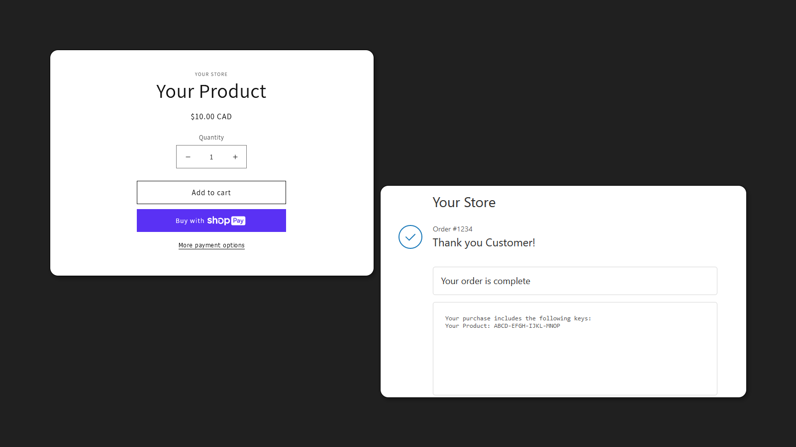 Product and Thank You page with keys.