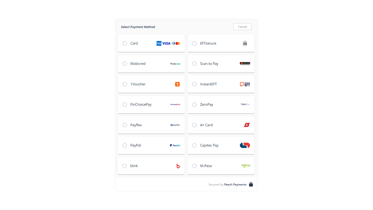 Peach Checkout Mobiele Betaling Selecteer Kaart