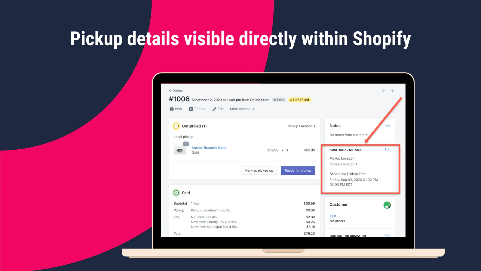 Afhentningsdetaljer synlige direkte inden for Shopify