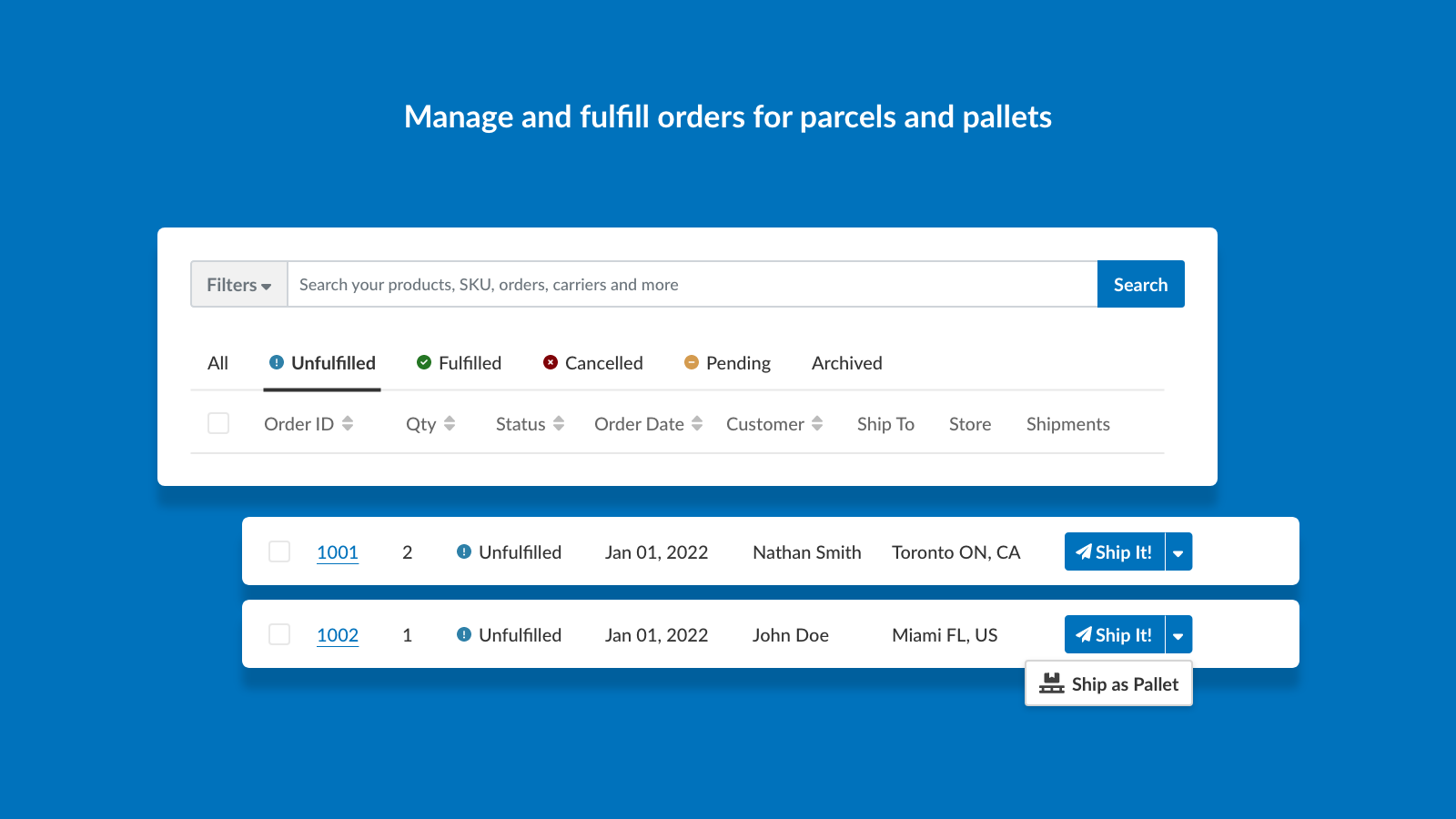 Gérer et exécuter les commandes de colis et de palettes