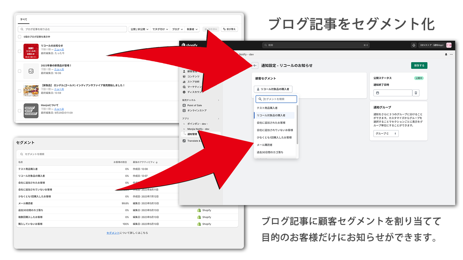 ブログ記事とセグメントを繋げて表示するお客様を個別に指定できます。