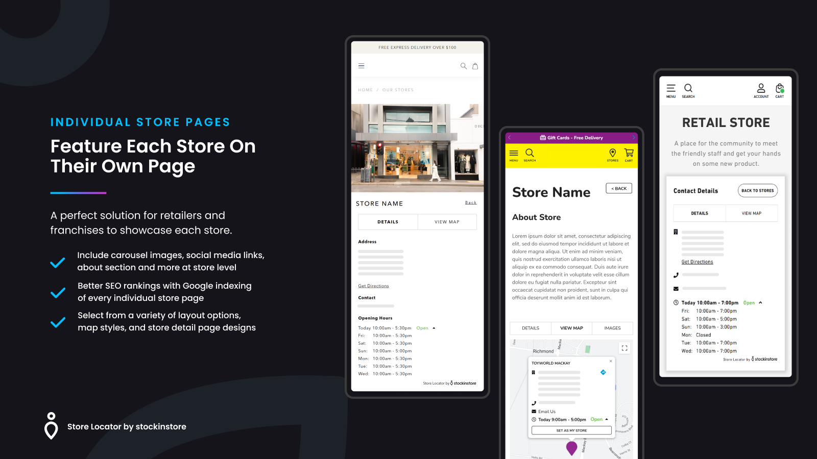 Aplicación de localizador de tiendas stockinstore con páginas de tiendas individuales