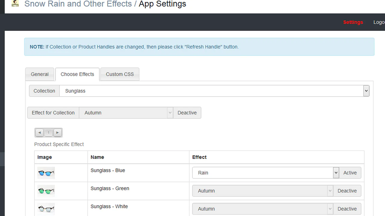 Paramètres d'effet dans le backend de l'application