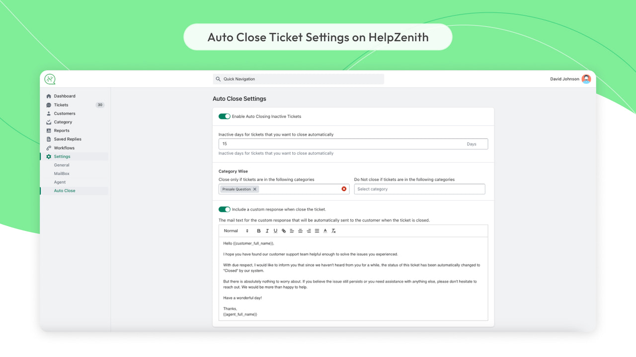 Auto Close Ticket Settings on HelpZenith