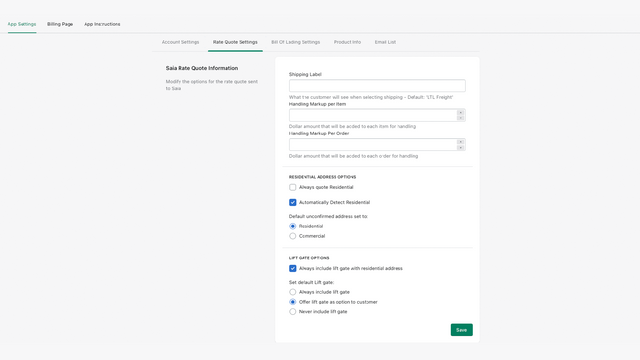 Configuración de cotización de tarifa