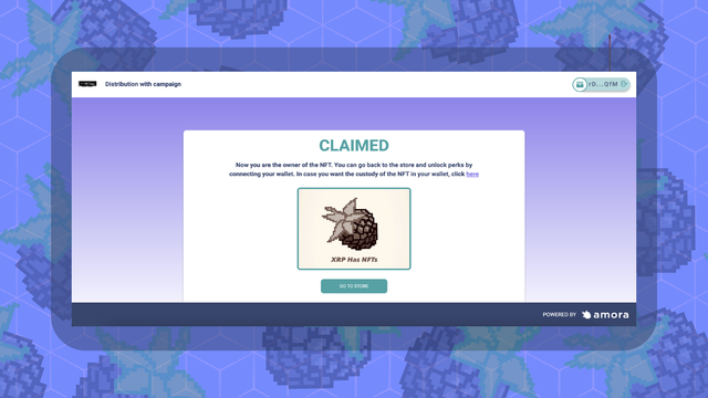 Amora claiming page showing an NFT that was successfully claimed