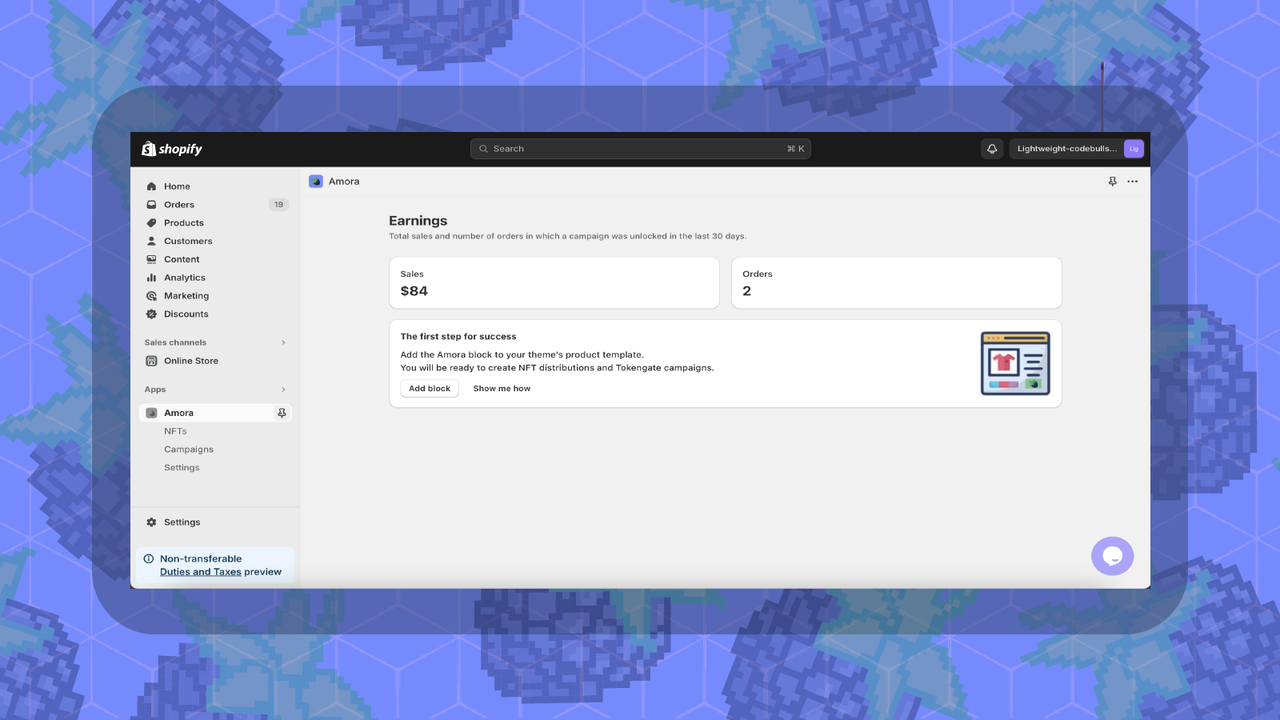 Interface utilisateur du tableau de bord Amora montrant la section des gains