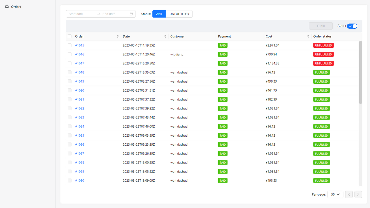 Vue de gestion des commandes