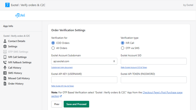 Configurações gerais do Shopify e Exotel a serem configuradas