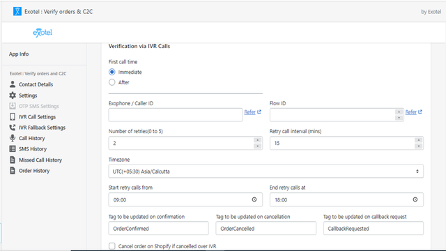 Settings required to make an automated IVR call to verify order