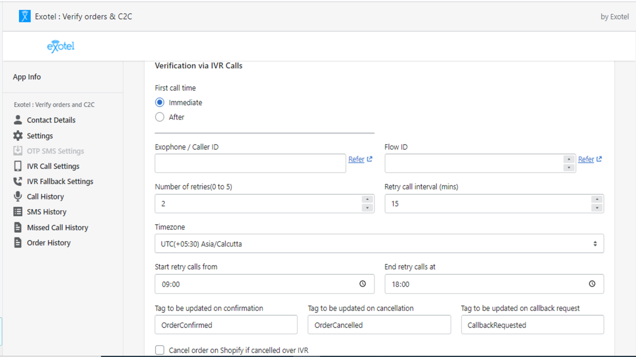 Settings required to make an automated IVR call to verify order