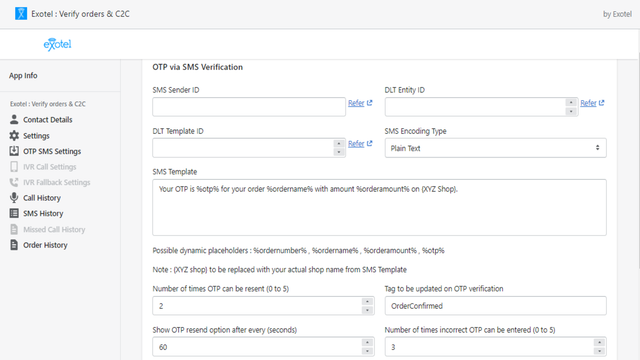 Settings required to initiate an OTP SMS for order verification