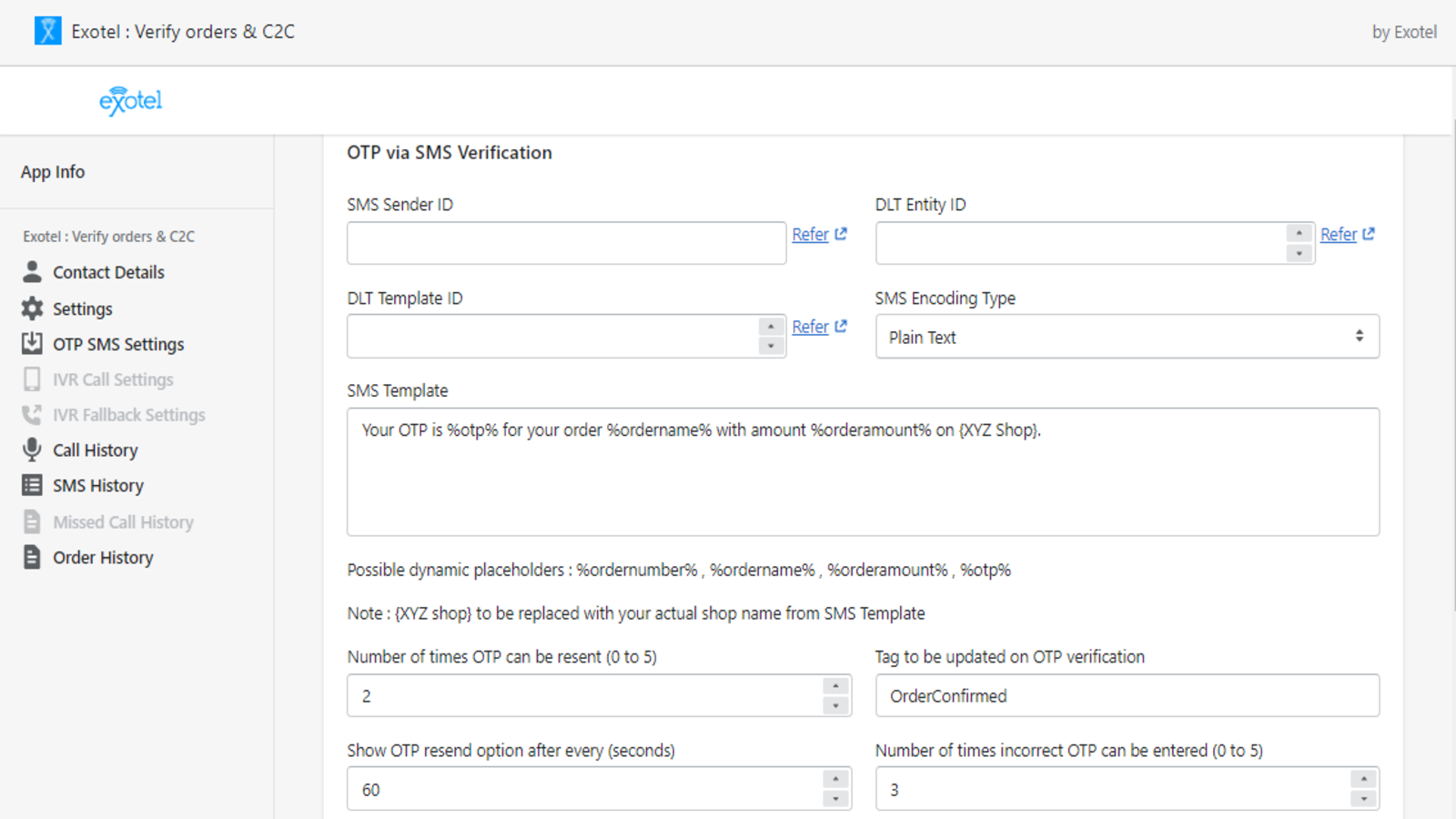 Settings required to initiate an OTP SMS for order verification