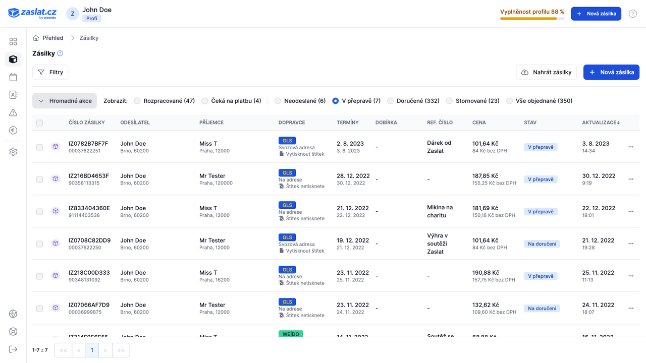 Zaslat.cz orders overview