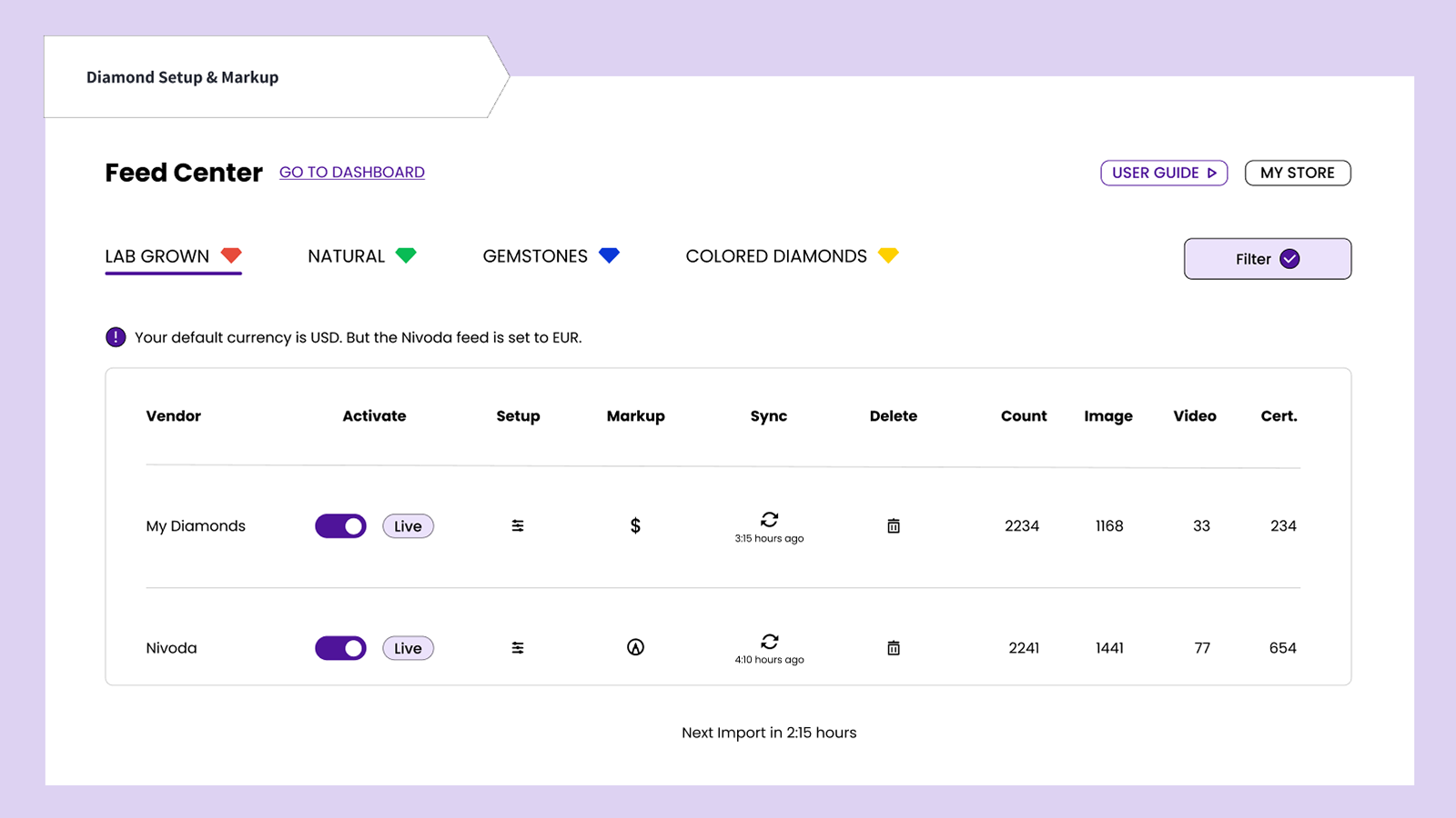 Interfaz para configurar diamantes y gestionar proveedores