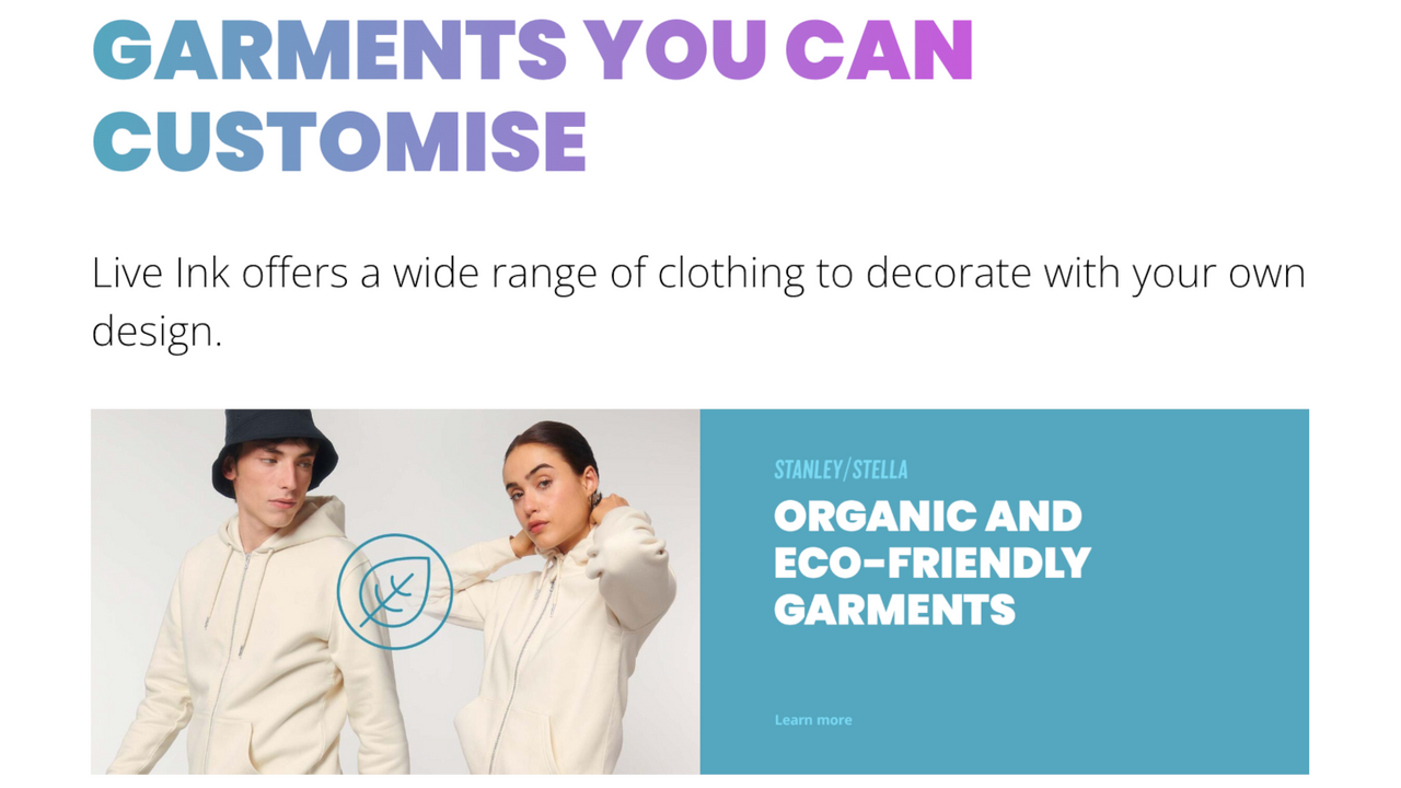 Live Ink ofrece una amplia gama de ropa orgánica para decorar