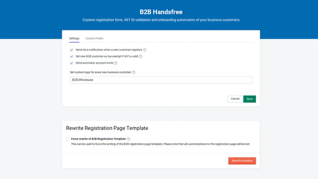 Página de configurações do aplicativo B2B Handsfree