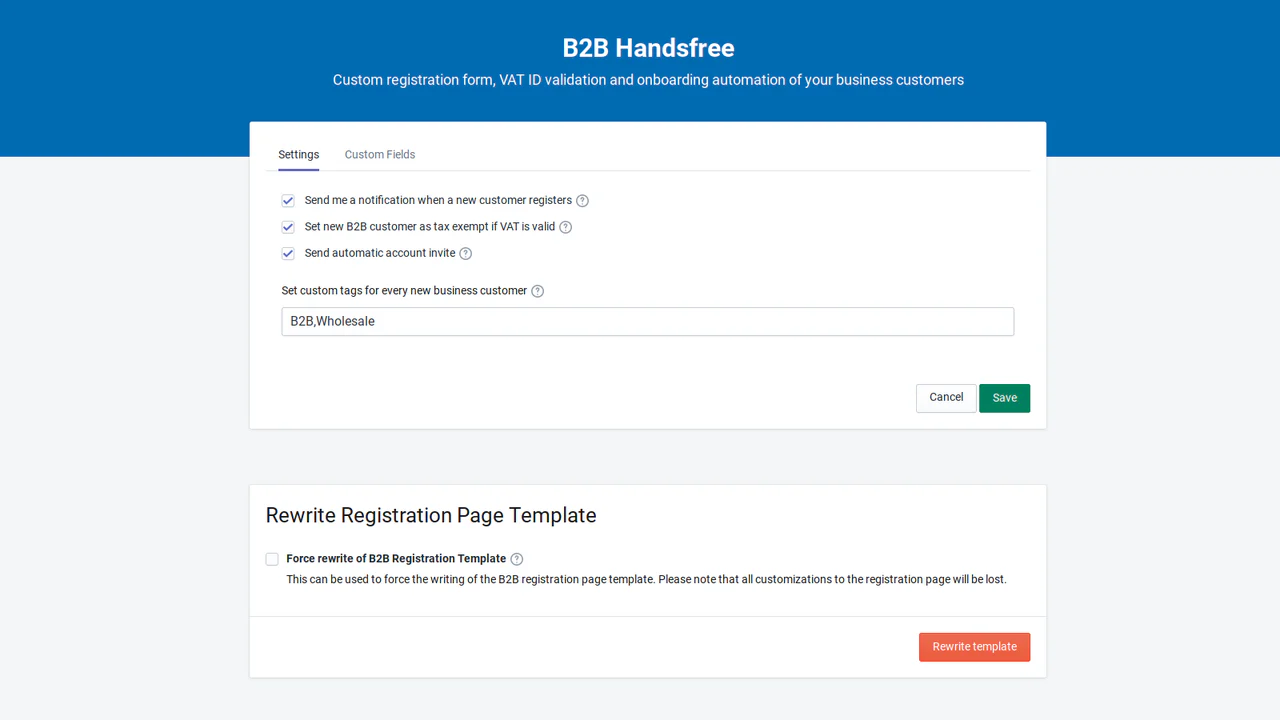 Página de configuración de la aplicación B2B Handsfree