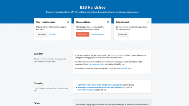 Tableau de bord de l'application B2B Handsfree