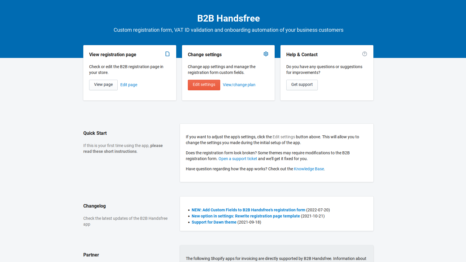 Panel de control de la aplicación B2B Handsfree