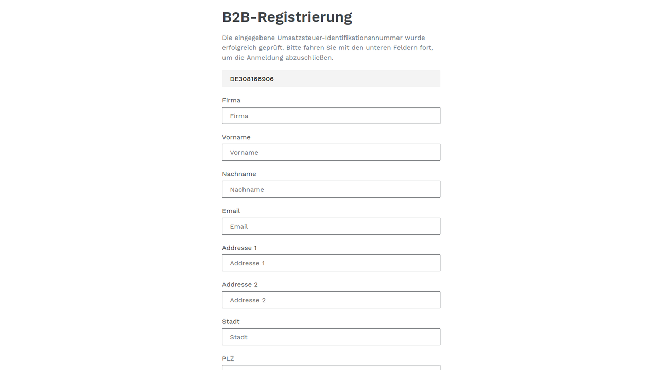 B2B Handsfree Registrierungsformular