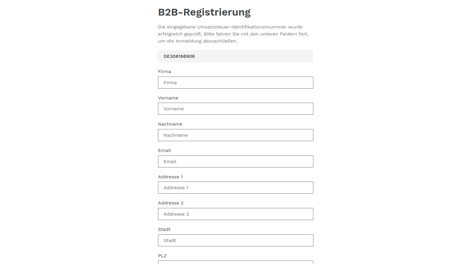 B2B Handsfree Registrierungsformular