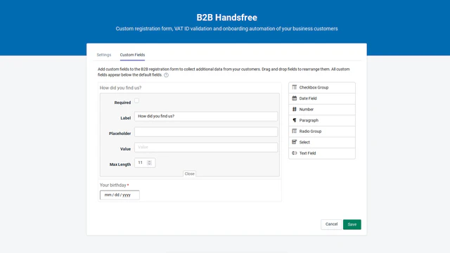 B2B Handsfree Tilpassede Felter indstillinger side