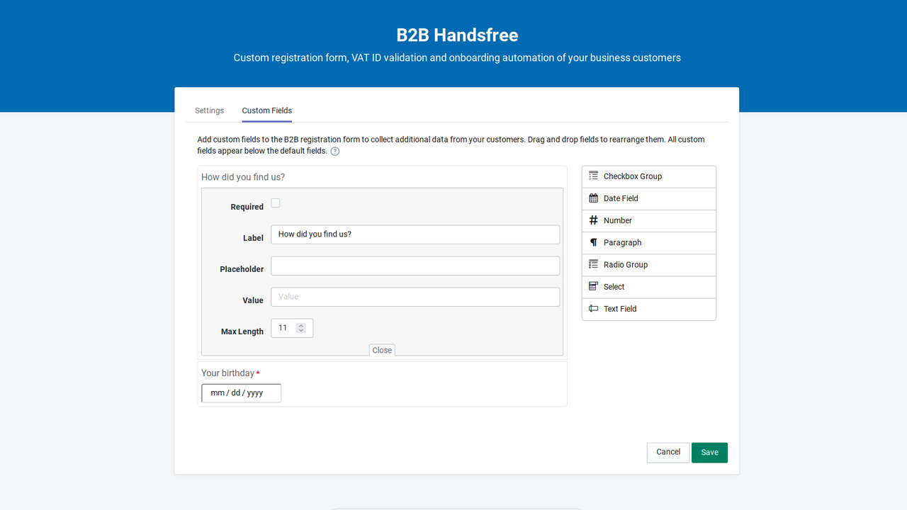 Página de configurações de campos personalizados do B2B Handsfree