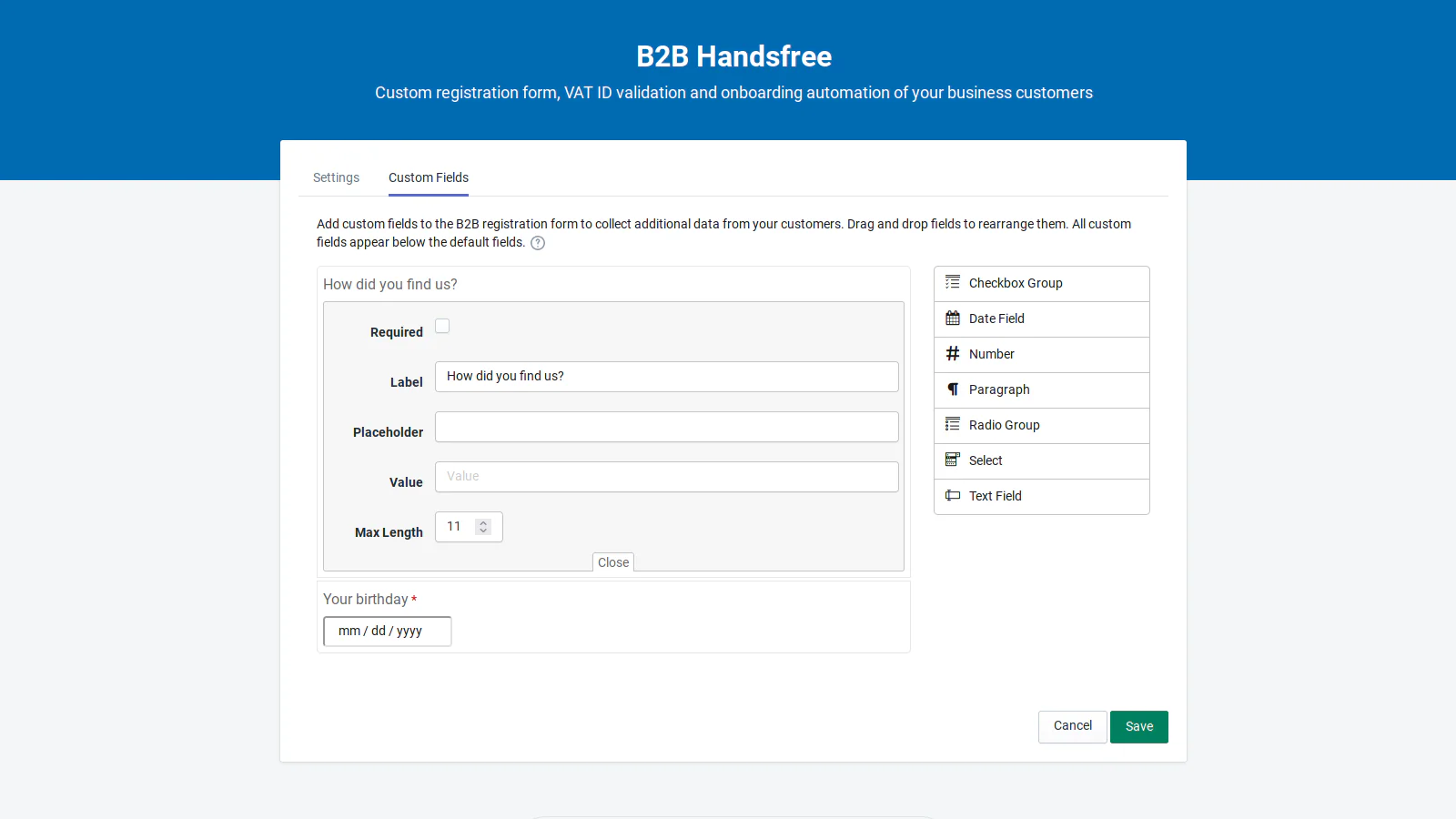 Página de configuración de campos personalizados de B2B Handsfree