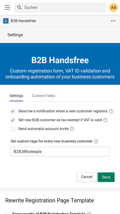 Página de configuración de la aplicación B2B Handsfree