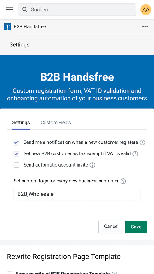 B2B Handsfree App Settings Page