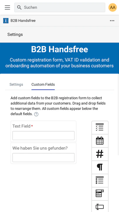 B2B Handsfree Custom Fields settings page