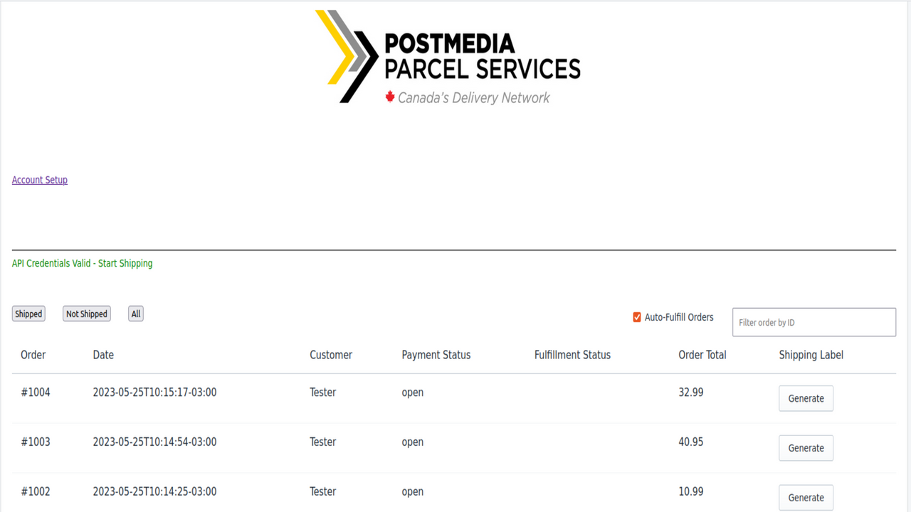 Order page of Postmedia Parcel Services for generating labels