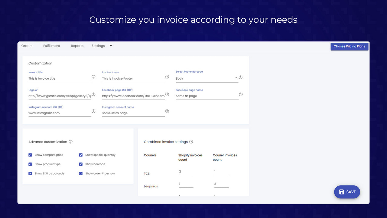 Invoice Format Screen