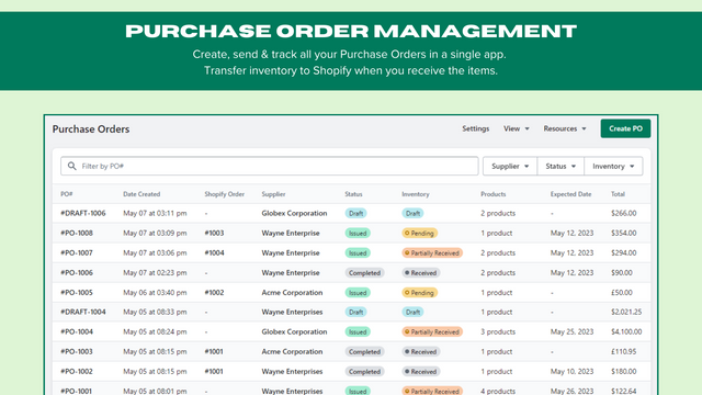 在一个Shopify应用程序中轻松跟踪所有的采购订单。