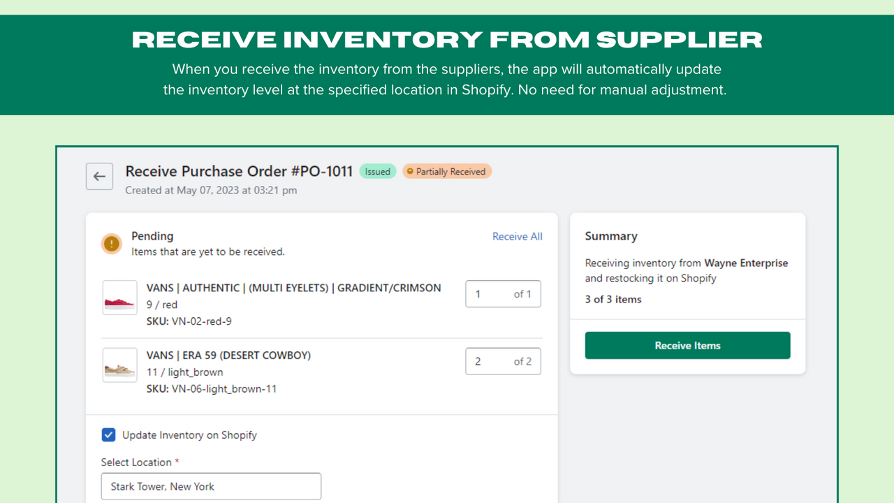 Receive Inventory & Transfer it to Shopify with a single click. 