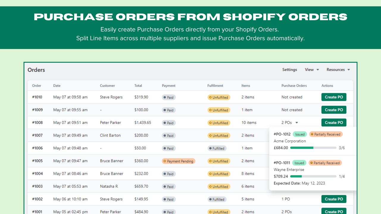 Opret automatisk PO'er fra dine Shopify-ordrer.