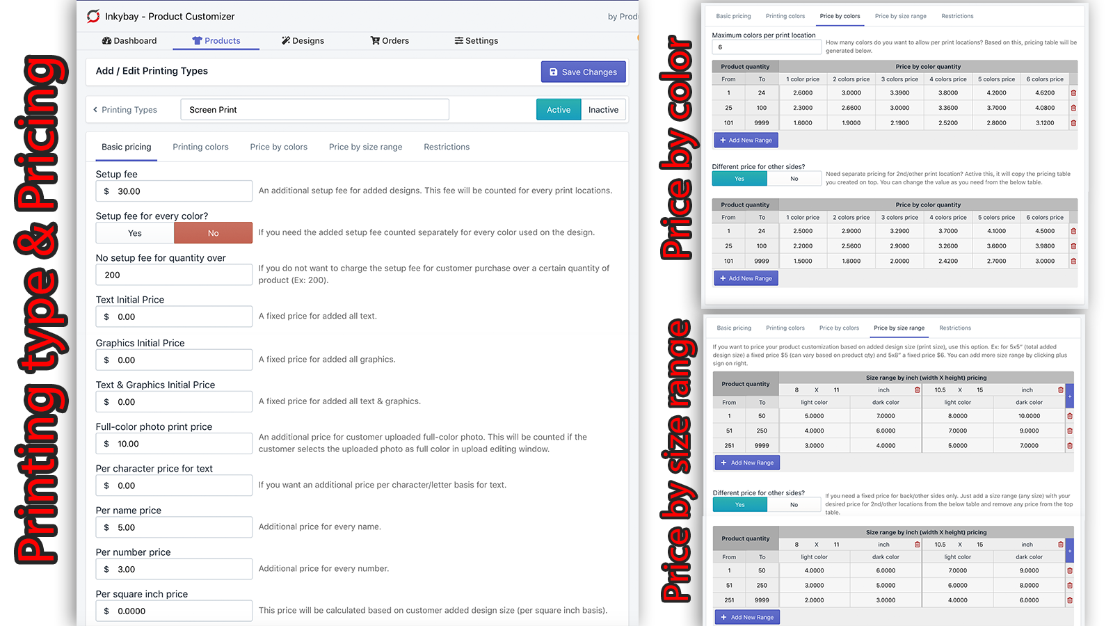 Configure el tipo de impresión y los precios de personalización