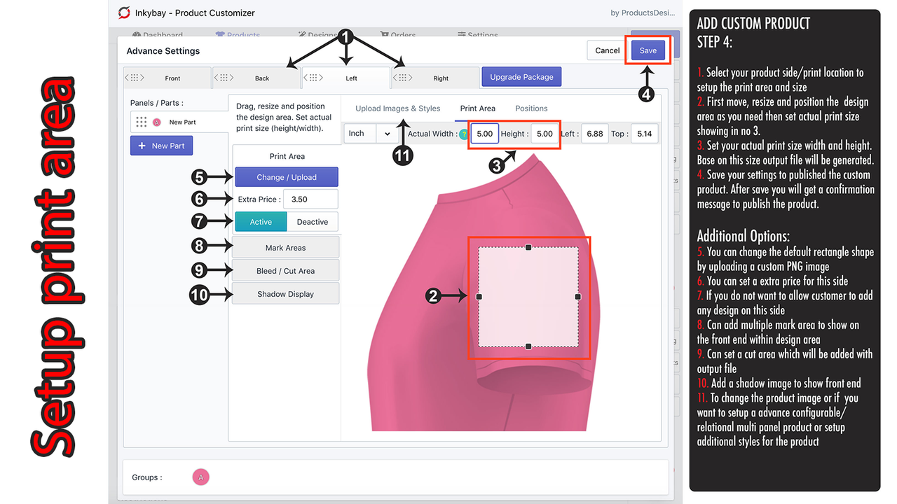 Configurar la forma y configuración del área de impresión