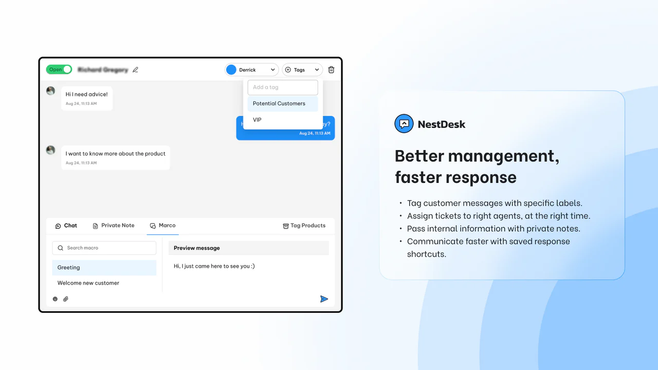 Mejora el servicio al cliente con asignación automática, notas privadas y más