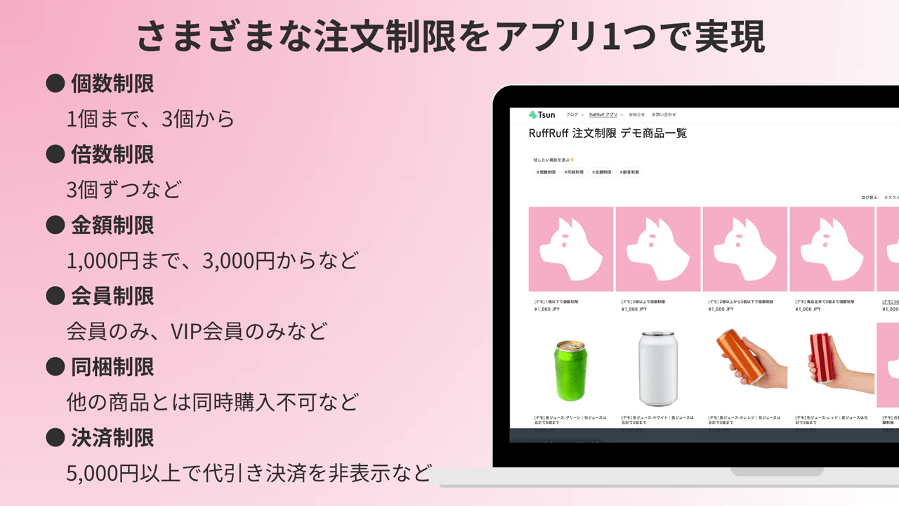 個数制限や金額制限、同梱制限、決済制限など様々な注文制限制限が可能