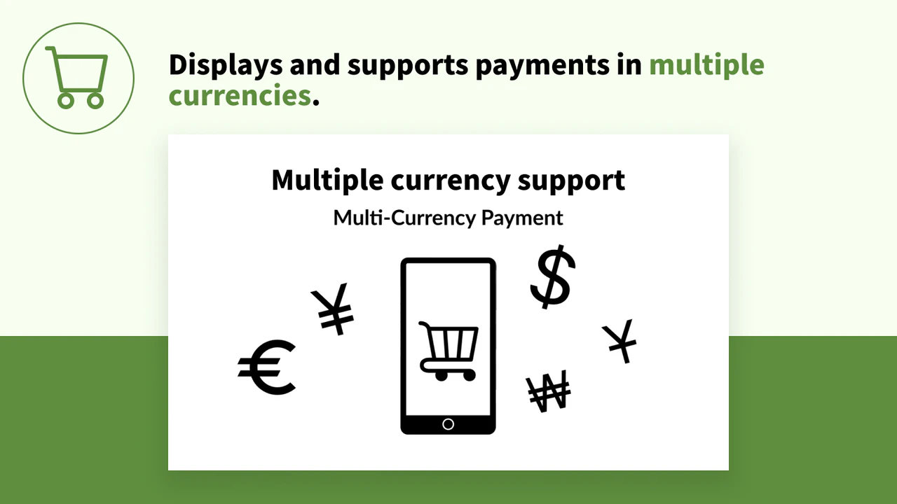 Displays and supports payments in multiple currencies.