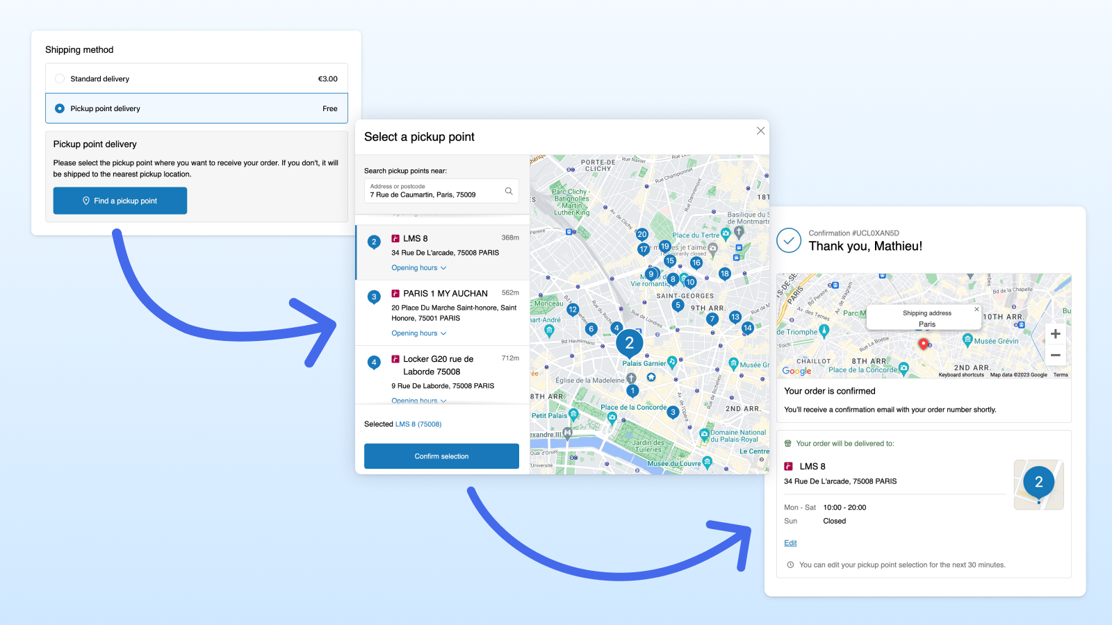 The full pickup point experience from checkout to order status